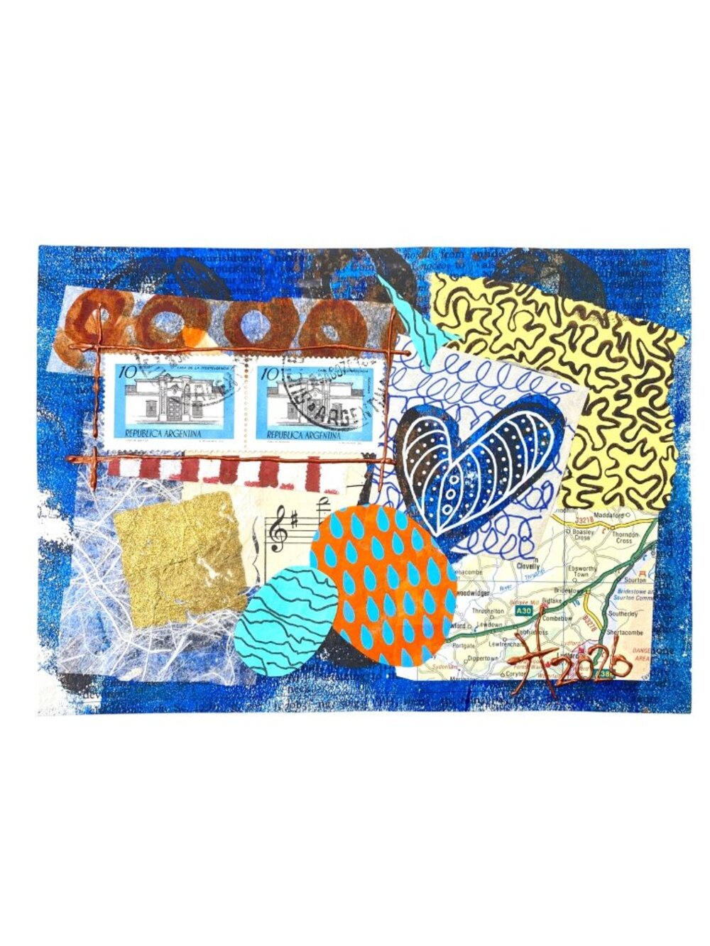 An Independent Heart Original Art Collage Argentina Vtg Postage on Paper 5x7in